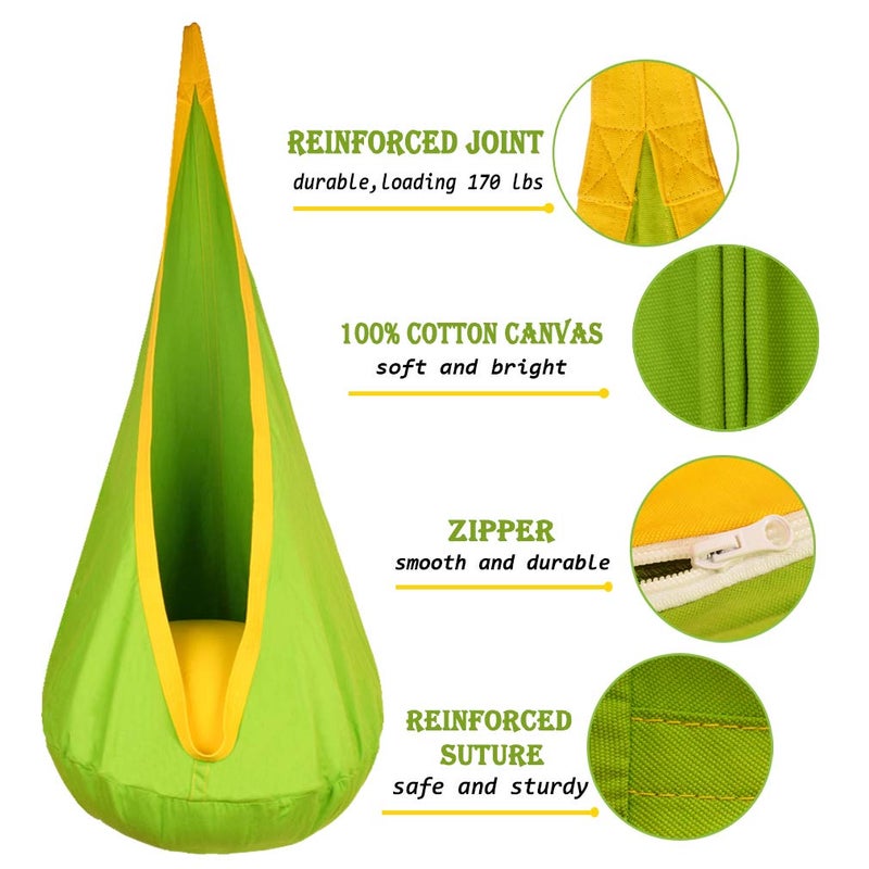 WUBOTIYU Kids Pod Swing Hanging Seat Child Hammock Chair Indoor and Outdoor Sensory Swing 100% Cotton Loading Capacity 170 lbs (Green) - Image 2